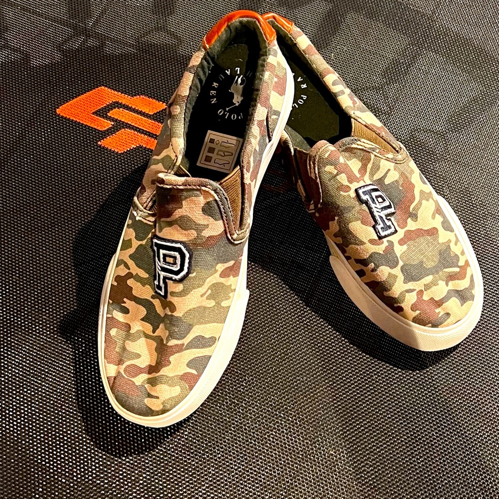 Size 6, Big Boys Polo Ralph Lauren Camo Green Slip-On Sneaker